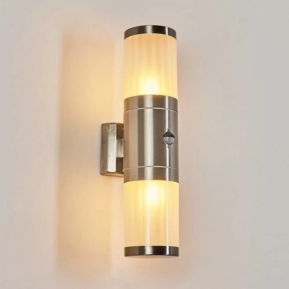 hofstein Applique Murale D'Exterieur Tolsona Acier Inoxydable, 2 Lumieres, Detecteur De Mouvement
