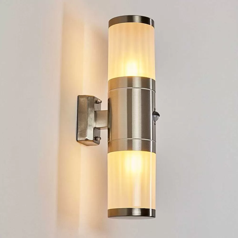 hofstein Applique Murale D'Exterieur Tolsona Acier Inoxydable, 2 Lumieres, Detecteur De Mouvement
