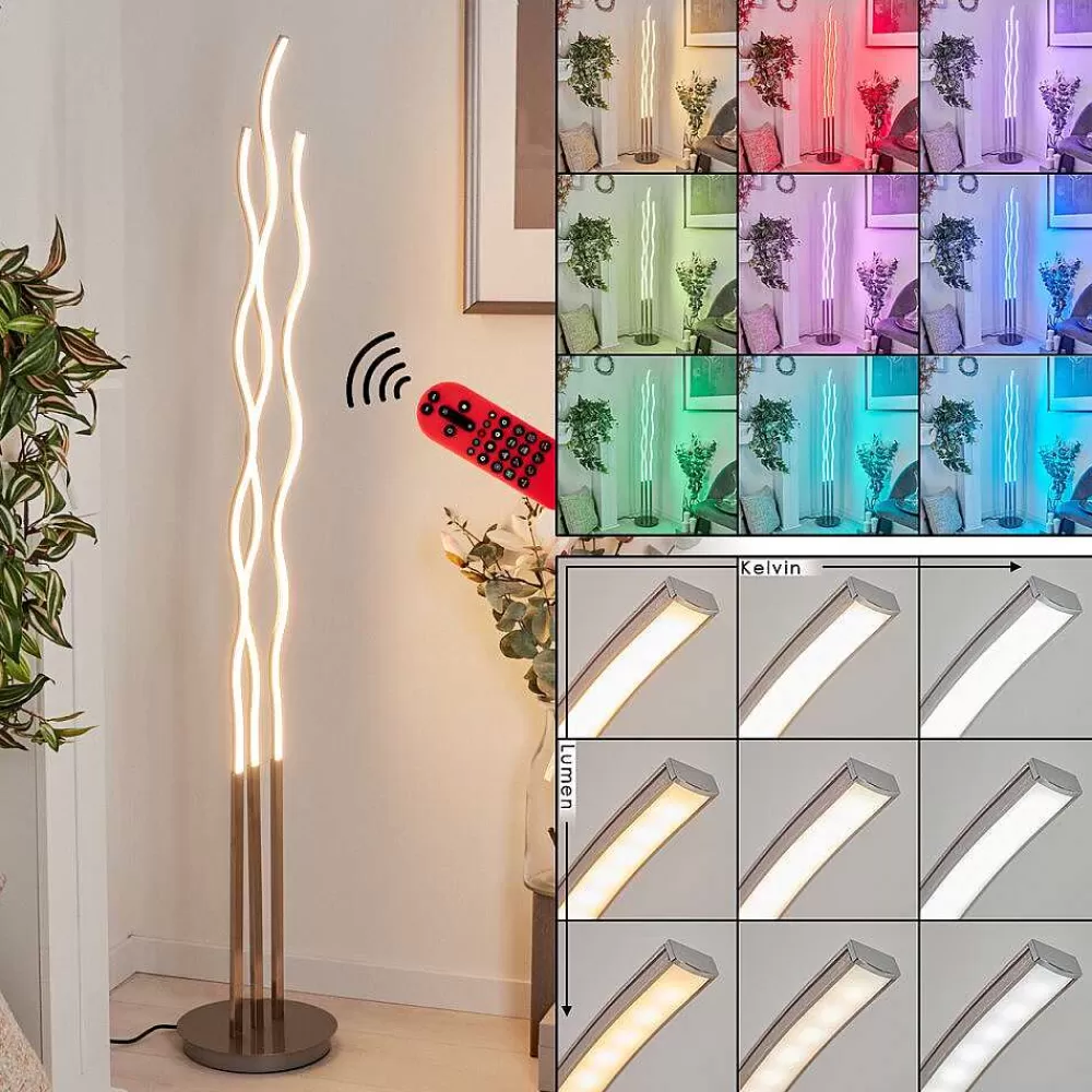 hofstein Lampadaire Gamsen Led Nickel Mat, 3 Lumieres, Telecommandes, Changeur De Couleurs