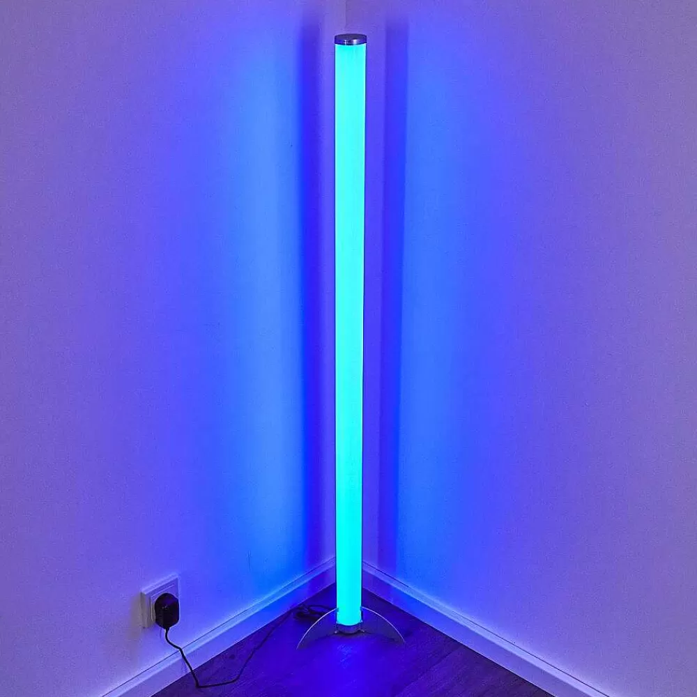 hofstein Lampadaire Led Rgb Globo Rocky Argente, 1 Lumiere, Telecommandes, Changeur De Couleurs