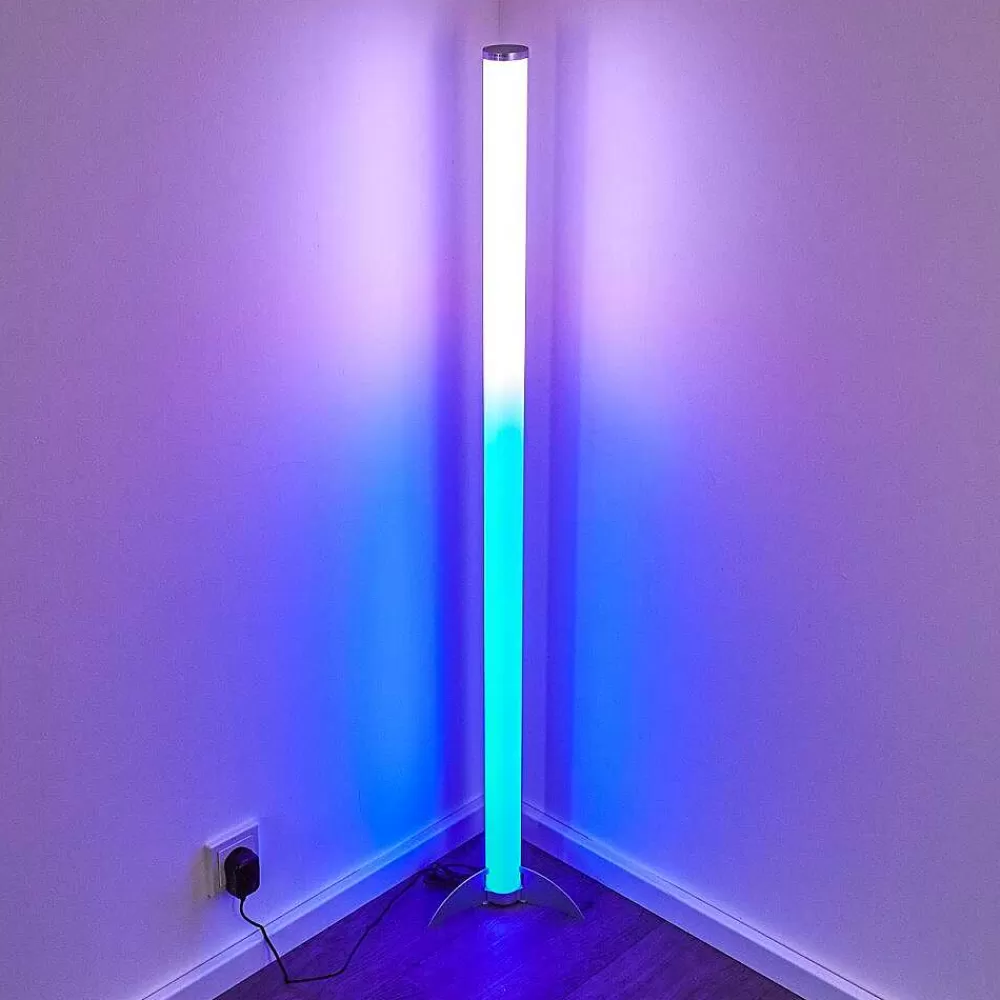 hofstein Lampadaire Led Rgb Globo Rocky Argente, 1 Lumiere, Telecommandes, Changeur De Couleurs