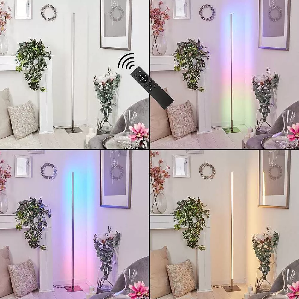 hofstein Lampadaire Minacar Led Nickel Mat, 1 Lumiere, Telecommandes, Changeur De Couleurs