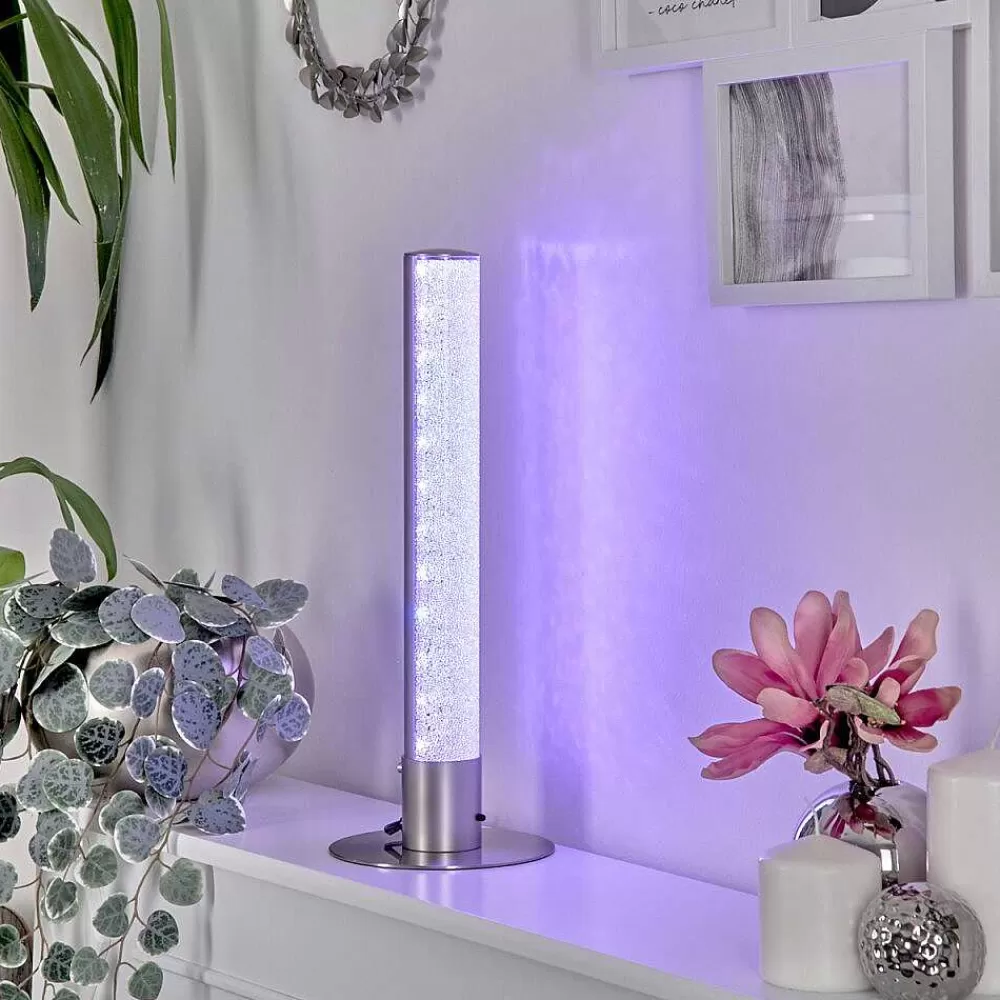 hofstein Lampe De Table Flaut Led Nickel Mat, 1 Lumiere, Telecommandes, Changeur De Couleurs