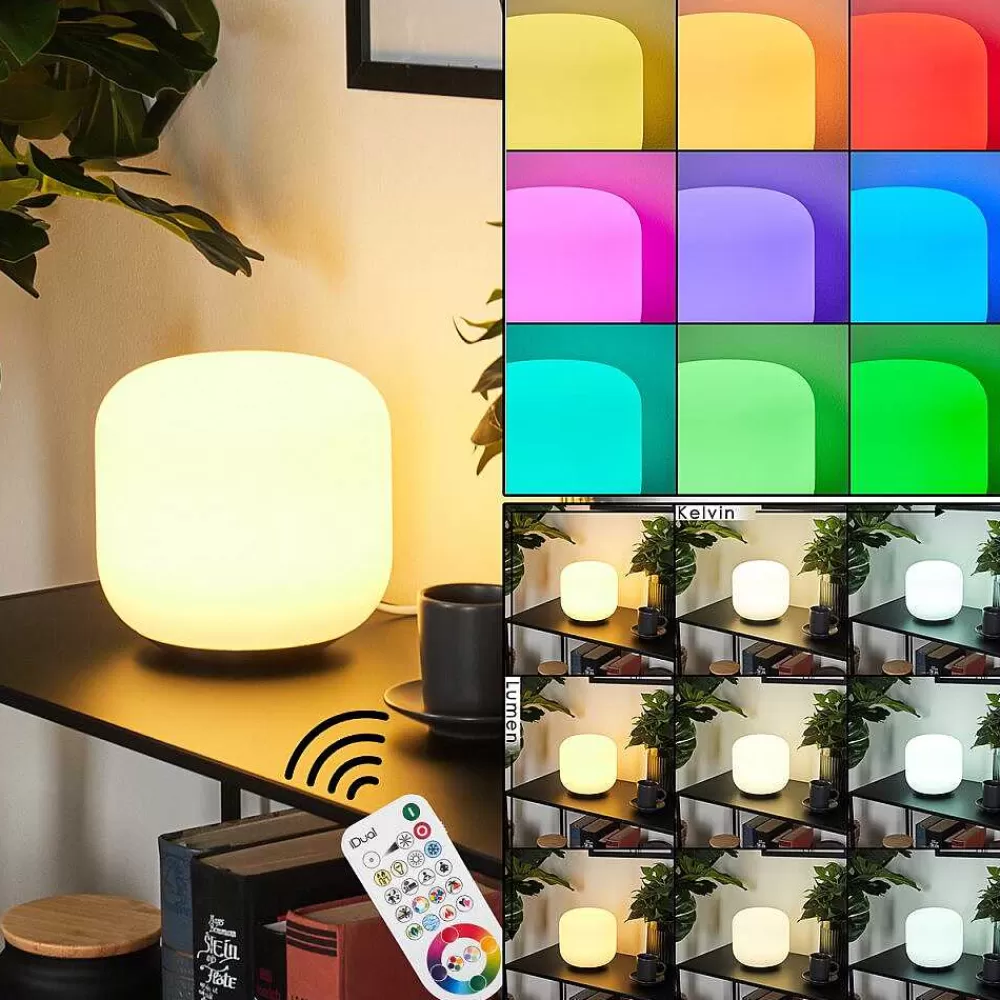 hofstein Lampe De Table Loural Led Nickel Mat, 1 Lumiere, Telecommandes, Changeur De Couleurs