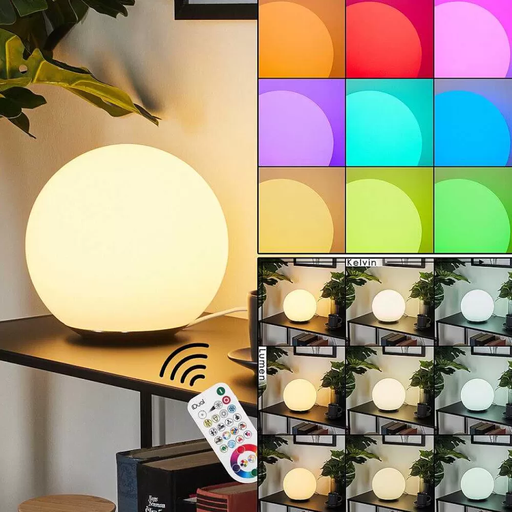 hofstein Lampe De Table Loural Led Nickel Mat, 1 Lumiere, Telecommandes, Changeur De Couleurs