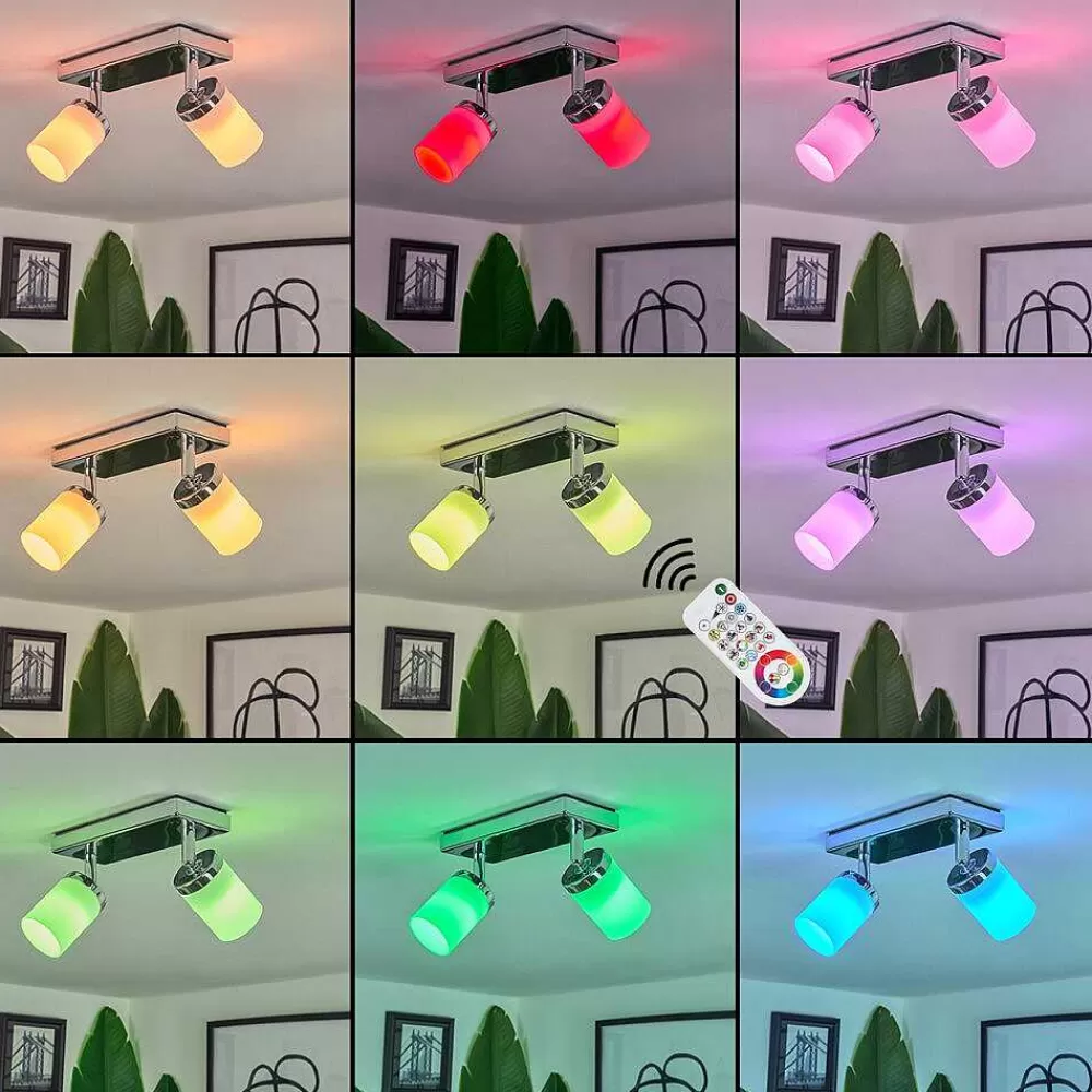 hofstein Plafonnier Cerejeiras Led Chrome, 2 Lumieres, Telecommandes, Changeur De Couleurs