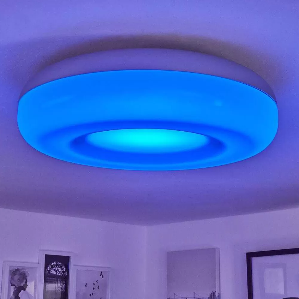 hofstein Plafonnier Monfebres Led Argente, Blanc, 1 Lumiere, Telecommandes, Changeur De Couleurs