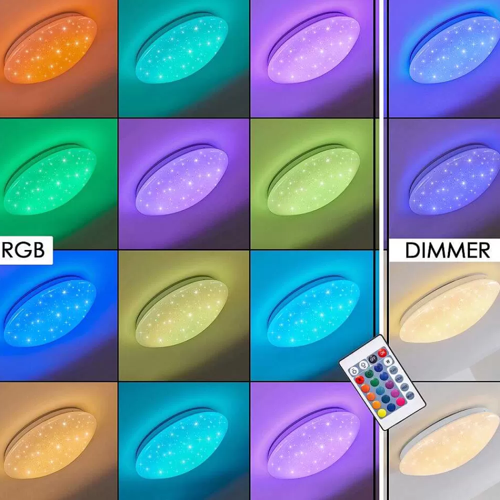 hofstein Plafonnier Norton Star Led Blanc, 1 Lumiere, Telecommandes, Changeur De Couleurs