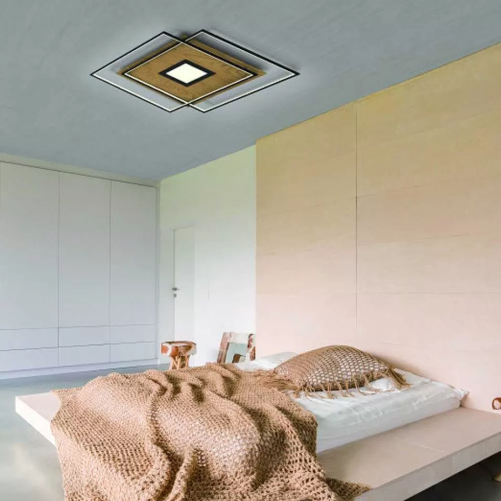 Paul Neuhaus Q-Serie Plafonnier Paul Neuhaus Q-Amira Led Bois Clair, 1 Lumiere, Telecommandes