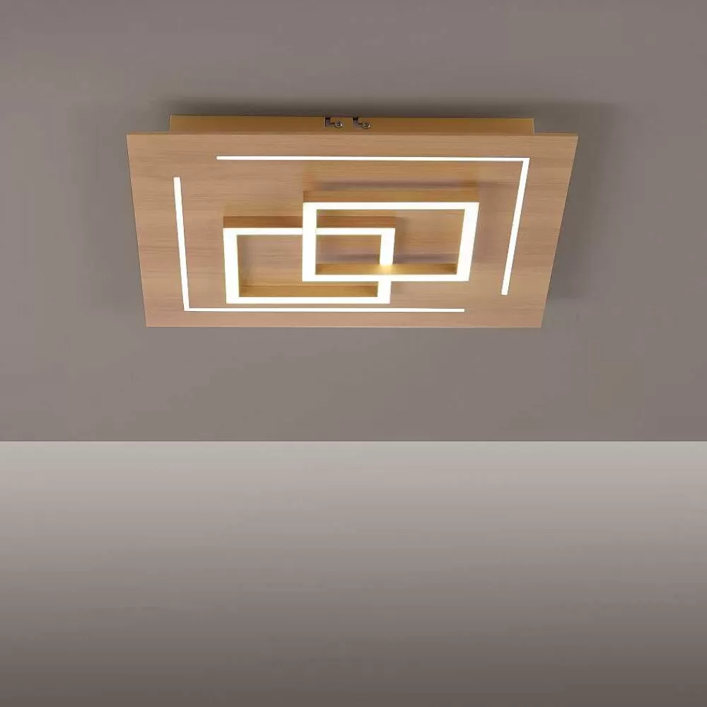 Paul Neuhaus Q-Serie Plafonnier Paul Neuhaus Q-Linea Led Bois Clair, 4 Lumieres, Telecommandes