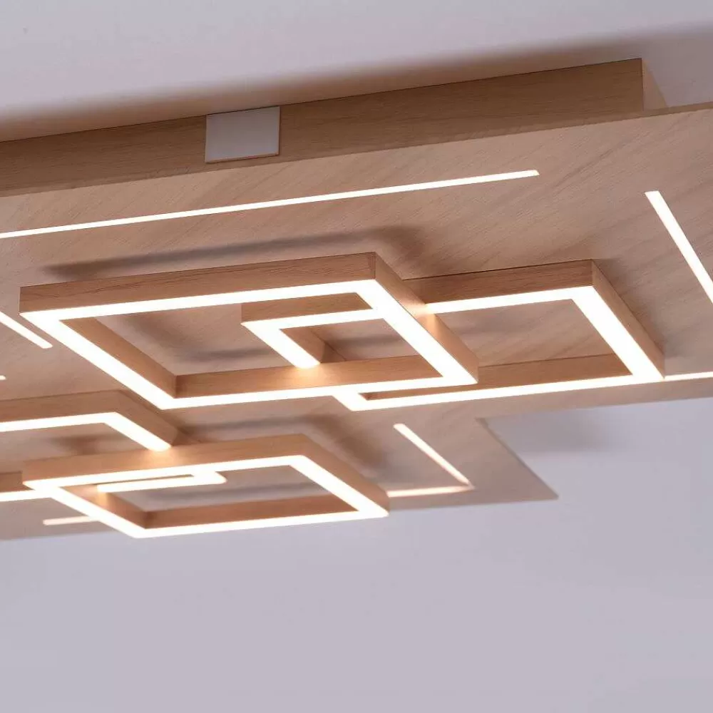 Paul Neuhaus Q-Serie Plafonnier Paul Neuhaus Q-Linea Led Bois Clair, 8 Lumieres, Telecommandes