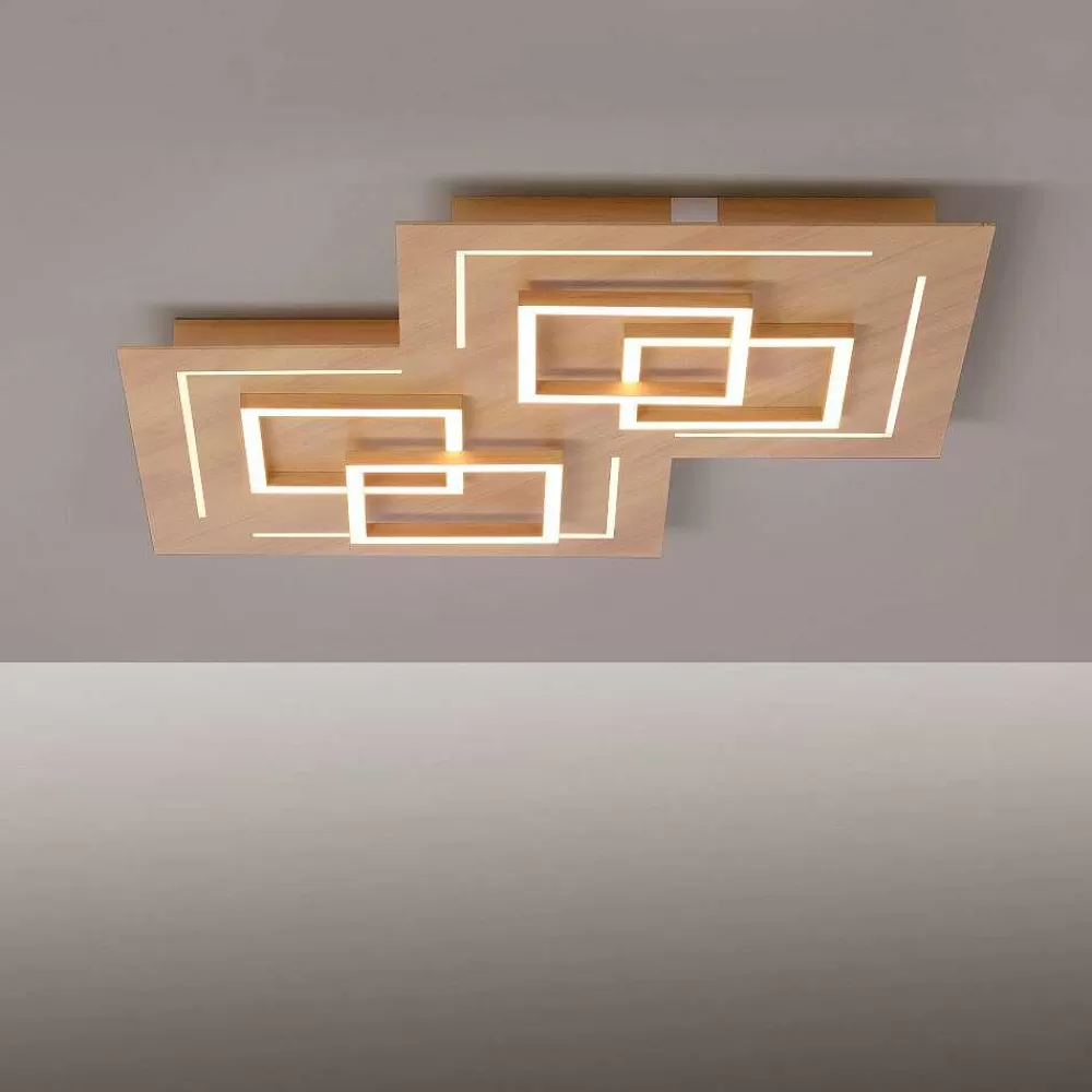 Paul Neuhaus Q-Serie Plafonnier Paul Neuhaus Q-Linea Led Bois Clair, 8 Lumieres, Telecommandes