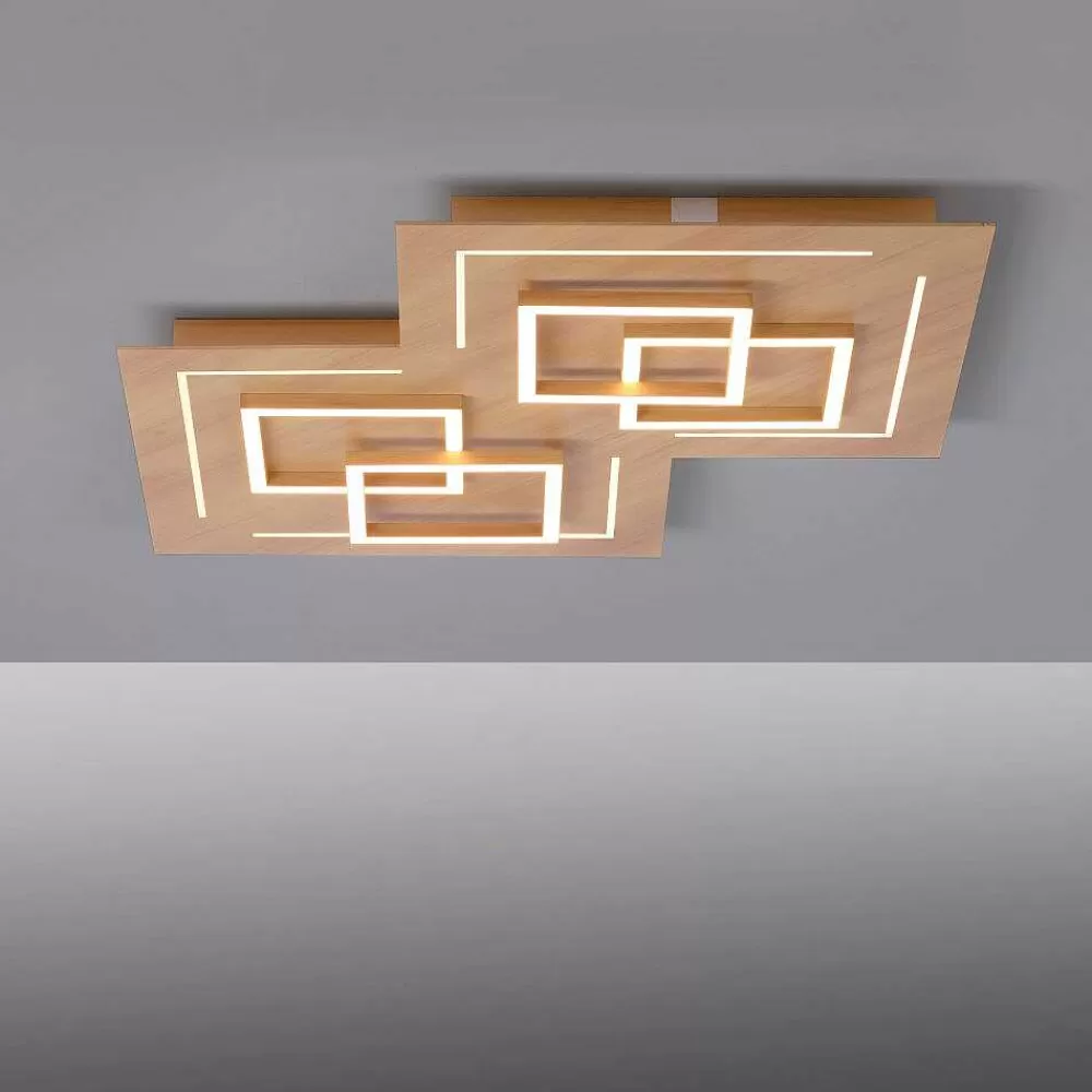 Paul Neuhaus Q-Serie Plafonnier Paul Neuhaus Q-Linea Led Bois Clair, 8 Lumieres, Telecommandes