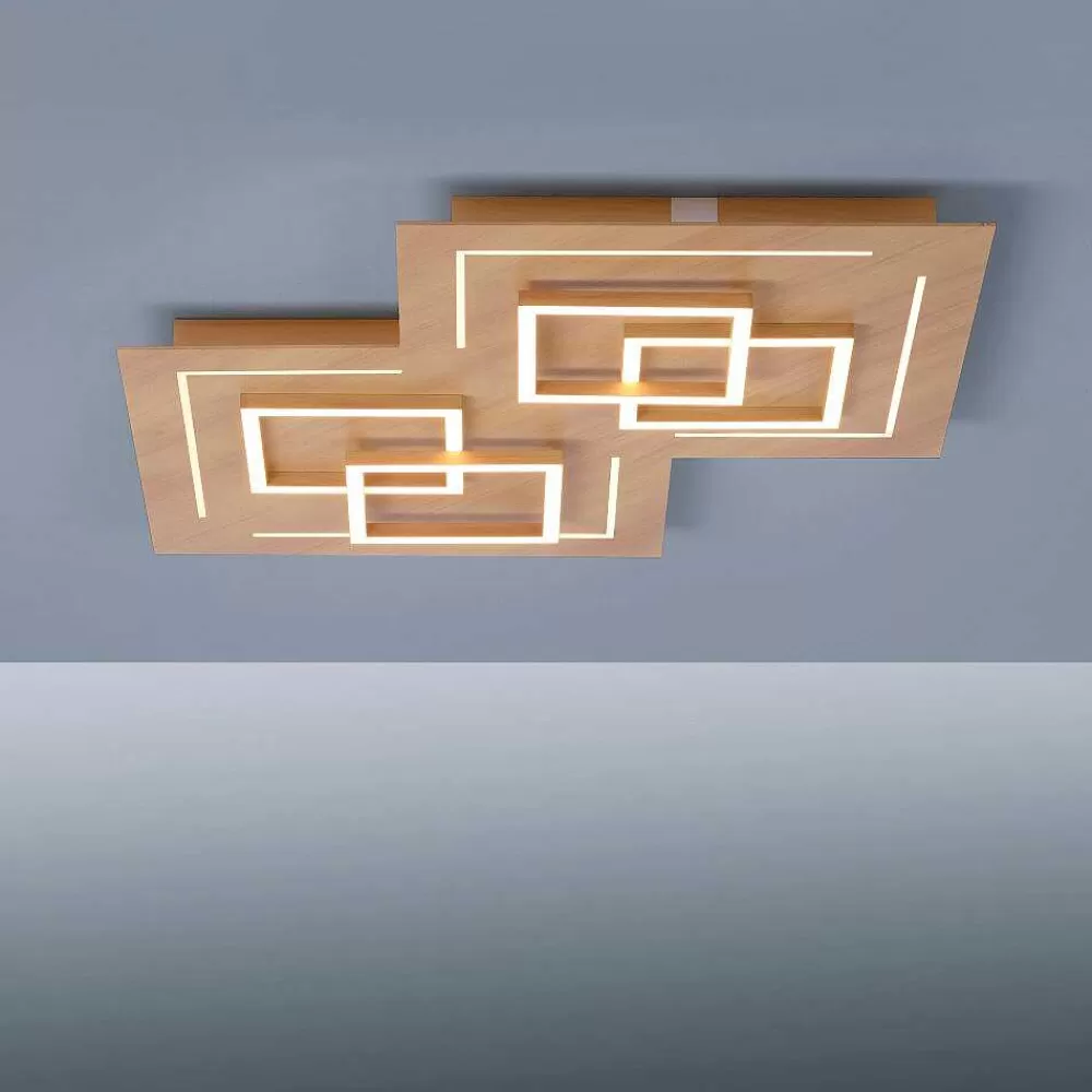 Paul Neuhaus Q-Serie Plafonnier Paul Neuhaus Q-Linea Led Bois Clair, 8 Lumieres, Telecommandes
