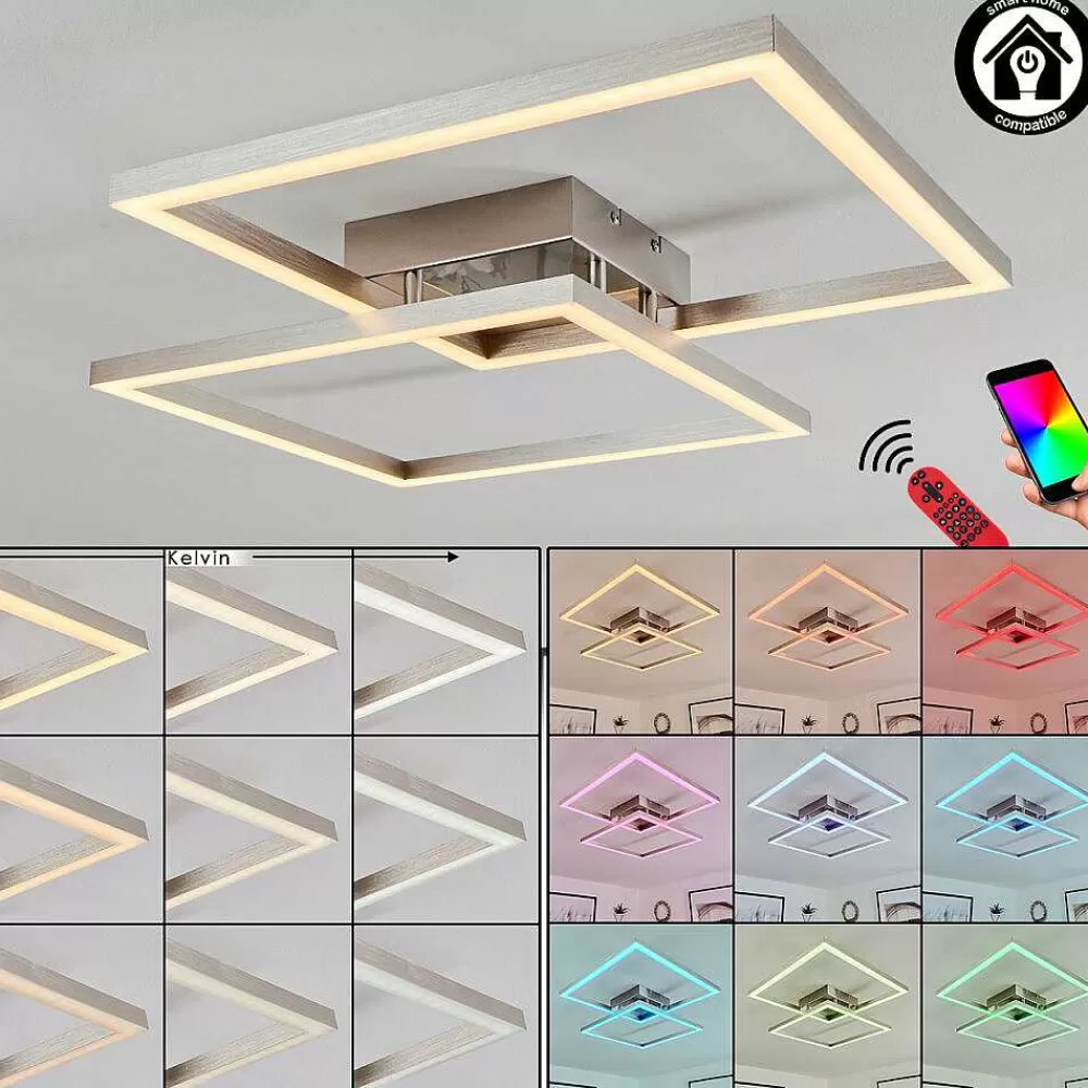 hofstein Plafonnier Relous Led Acier Inoxydable, 2 Lumieres, Telecommandes, Changeur De Couleurs