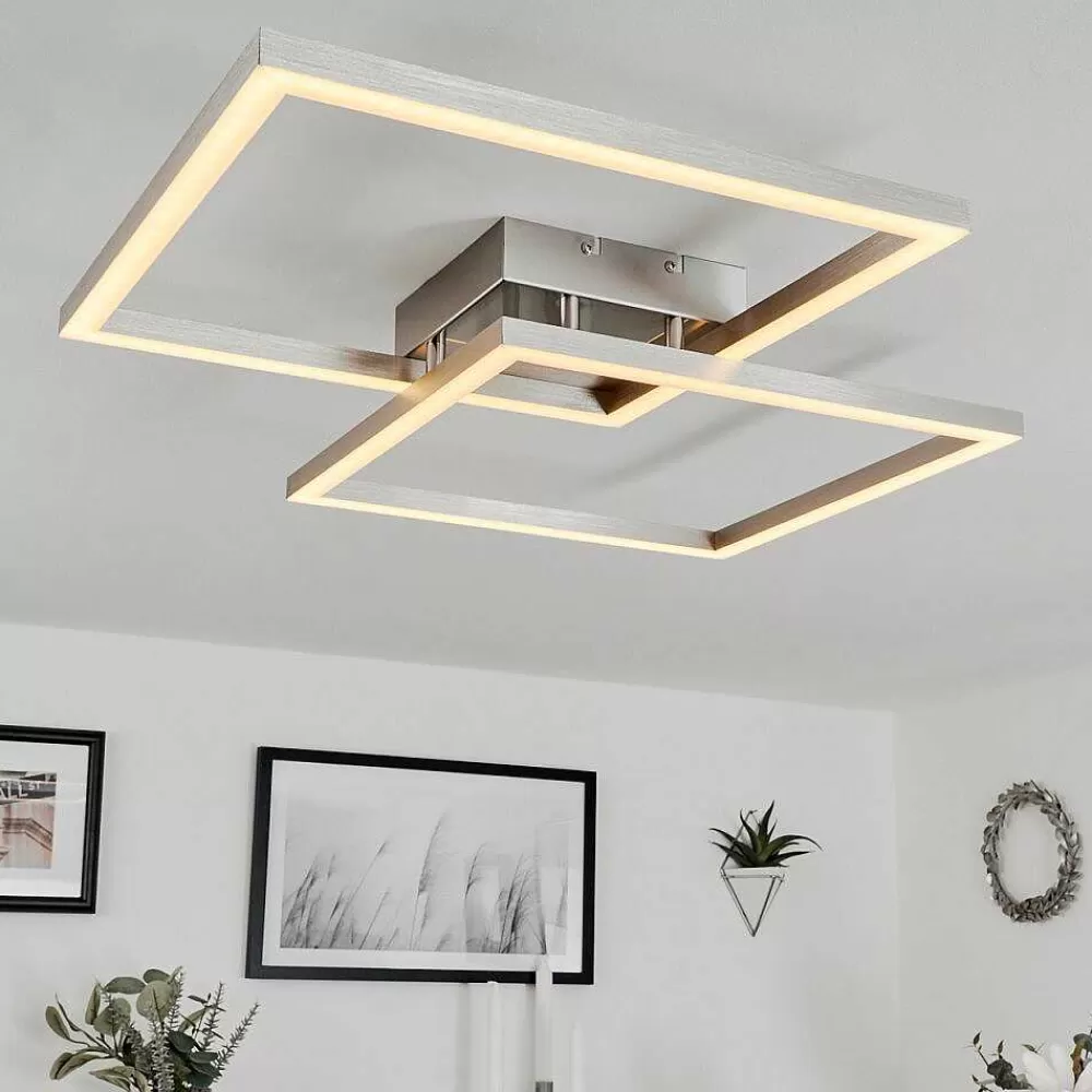 hofstein Plafonnier Relous Led Acier Inoxydable, 2 Lumieres, Telecommandes, Changeur De Couleurs
