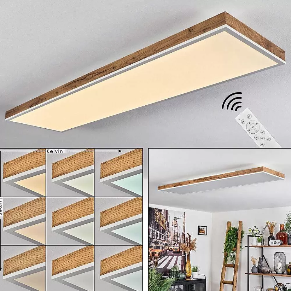 hofstein Plafonnier Salmi Led Brun, Couleur Bois, Blanc, 1 Lumiere, Telecommandes