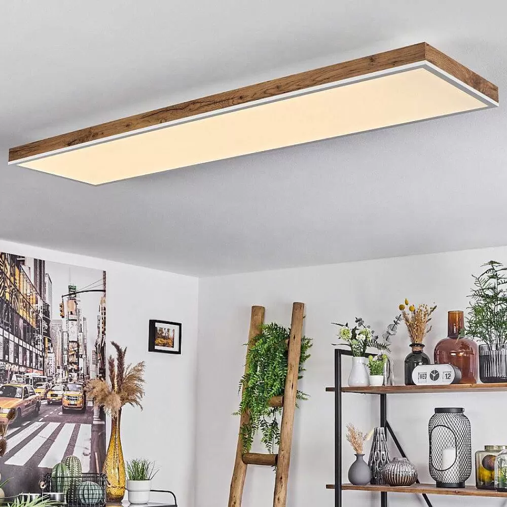 hofstein Plafonnier Salmi Led Brun, Couleur Bois, Blanc, 1 Lumiere, Telecommandes