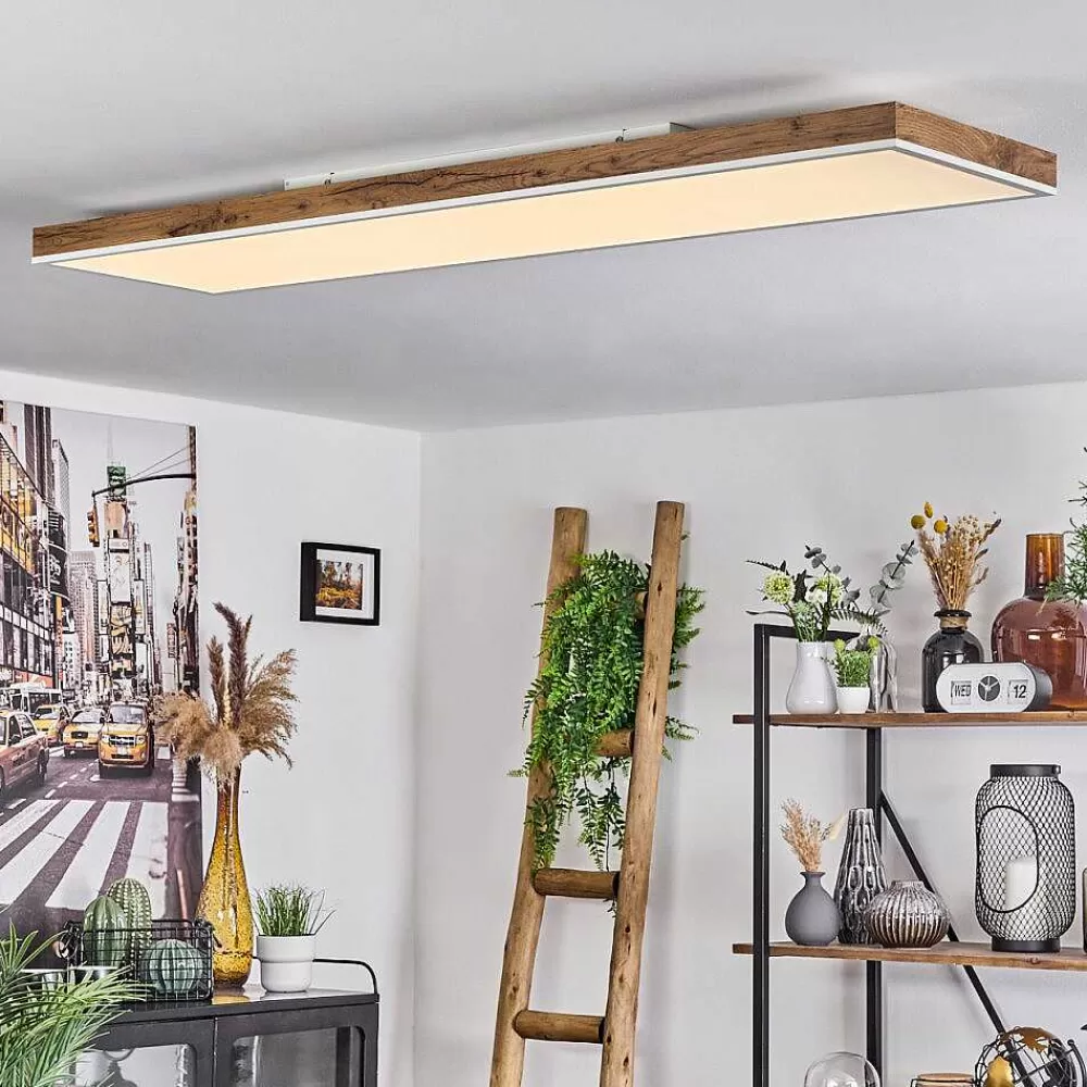 hofstein Plafonnier Salmi Led Brun, Couleur Bois, Blanc, 1 Lumiere, Telecommandes