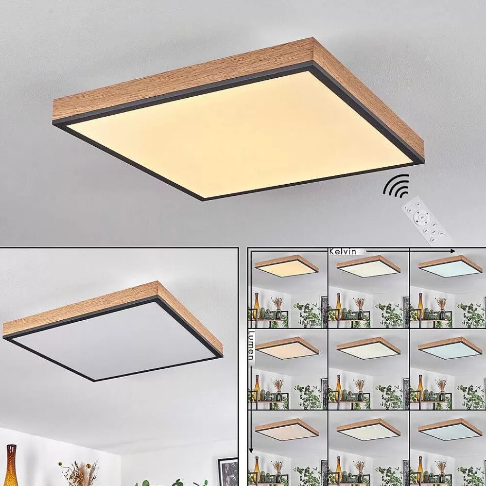 hofstein Plafonnier Salmi Led Brun, Couleur Bois, Noir, 1 Lumiere, Telecommandes