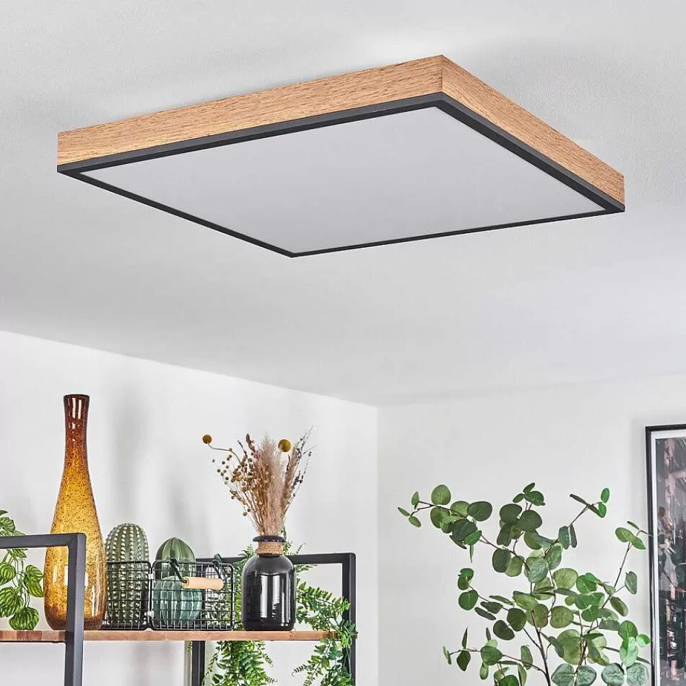 hofstein Plafonnier Salmi Led Brun, Couleur Bois, Noir, 1 Lumiere, Telecommandes