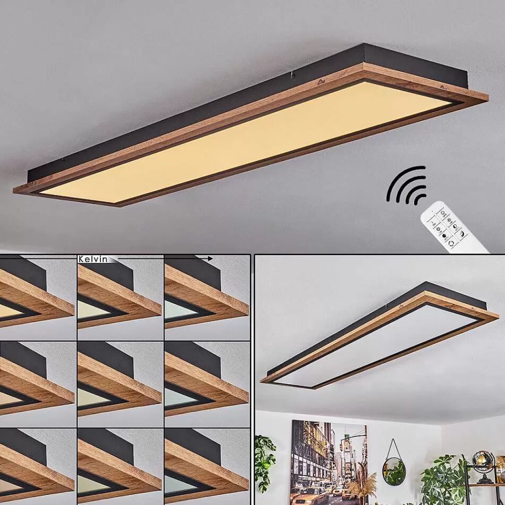 hofstein Plafonnier Salmi Led Couleur Bois, 1 Lumiere, Telecommandes