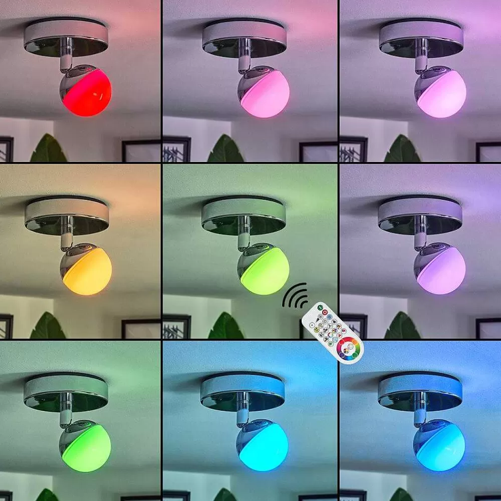 hofstein Plafonnier Sanchequias Led Chrome, 1 Lumiere, Telecommandes, Changeur De Couleurs