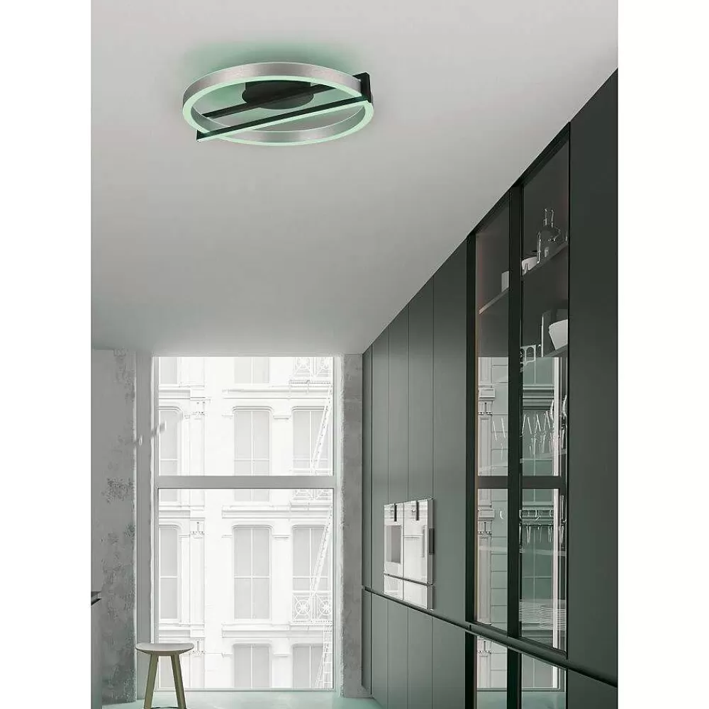 Luminaires Trio Plafonnier Trio Thompson Led Aluminium Brosse, 1 Lumiere, Telecommandes, Changeur De Couleurs