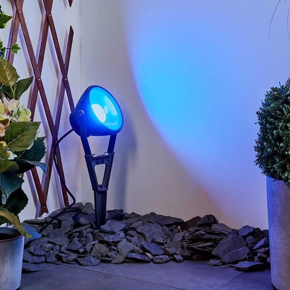 hofstein Spot De Jardin Phniet Led Noir, 1 Lumiere, Telecommandes, Changeur De Couleurs