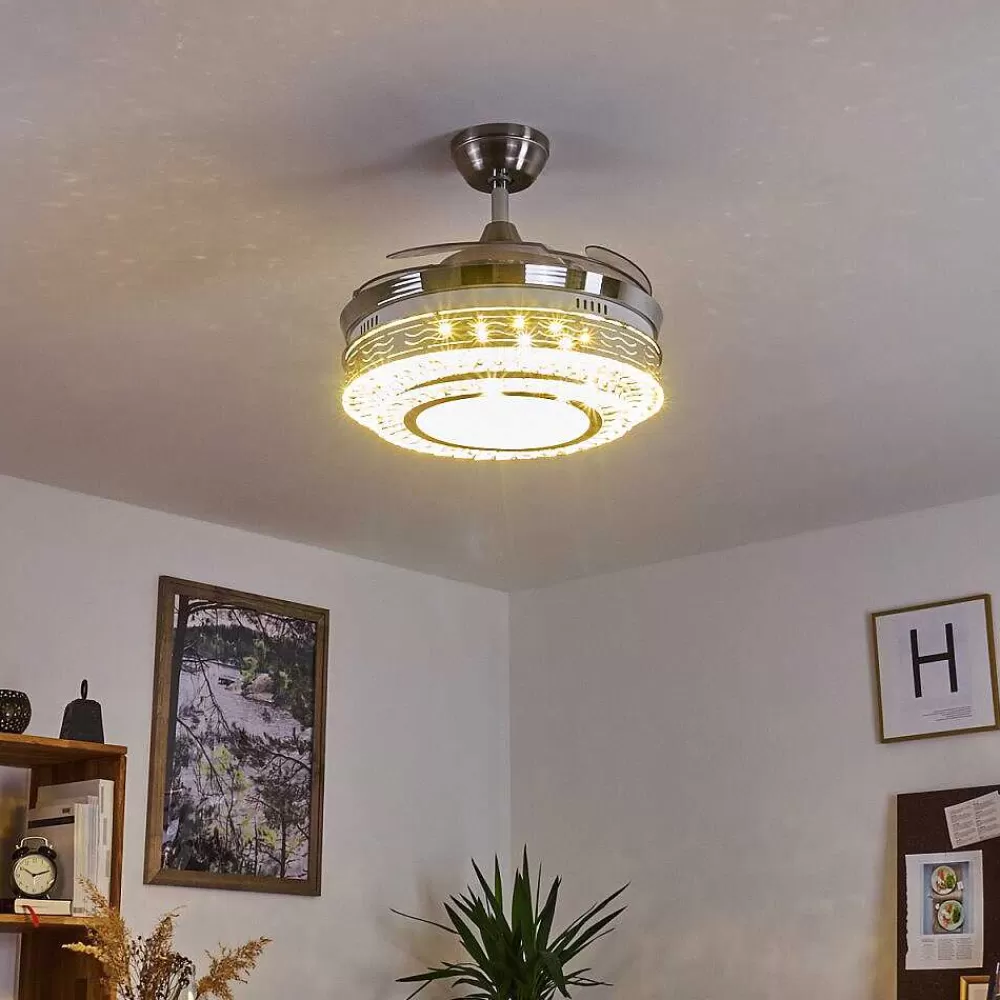 hofstein Ventilateur De Plafond Bendigo Led Nickel Mat, Transparent, 1 Lumiere
