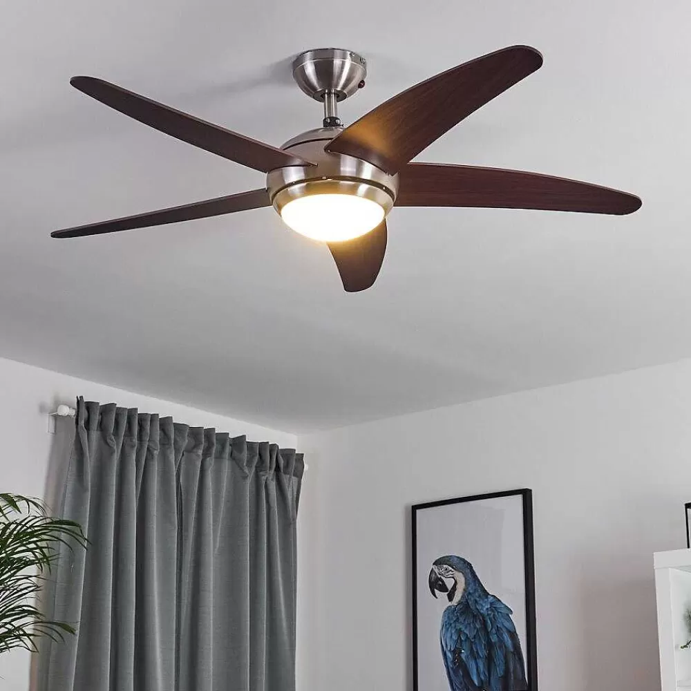 hofstein Ventilateur De Plafond Imon Bois Fonce, Nickel Mat, 1 Lumiere, Telecommandes