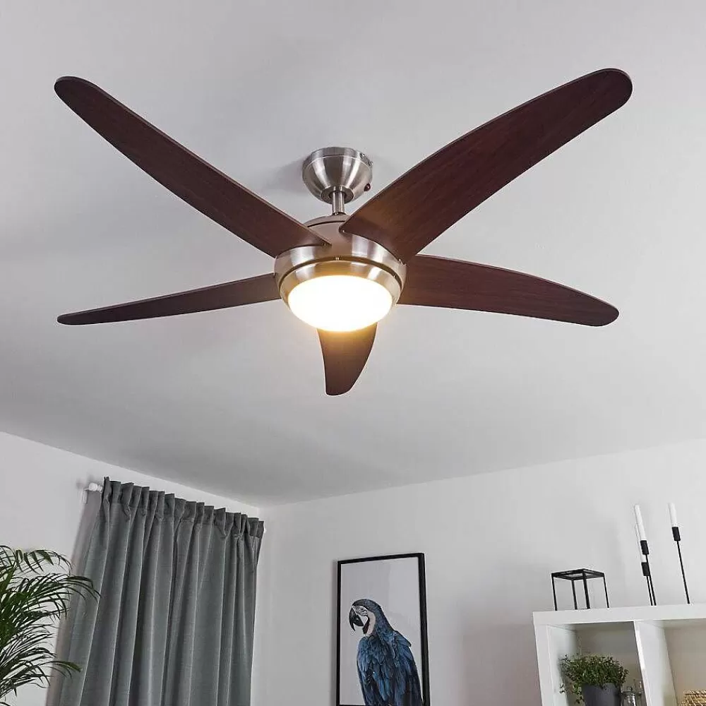 hofstein Ventilateur De Plafond Imon Bois Fonce, Nickel Mat, 1 Lumiere, Telecommandes