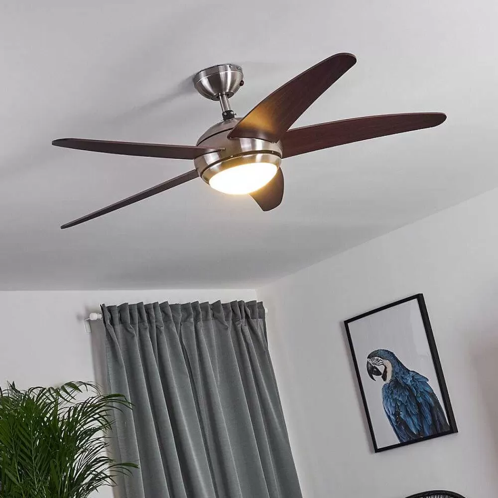 hofstein Ventilateur De Plafond Imon Bois Fonce, Nickel Mat, 1 Lumiere, Telecommandes