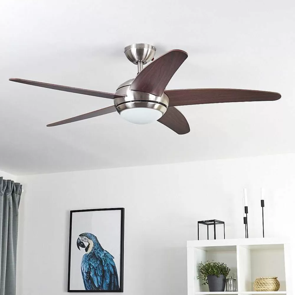 hofstein Ventilateur De Plafond Imon Bois Fonce, Nickel Mat, 1 Lumiere, Telecommandes