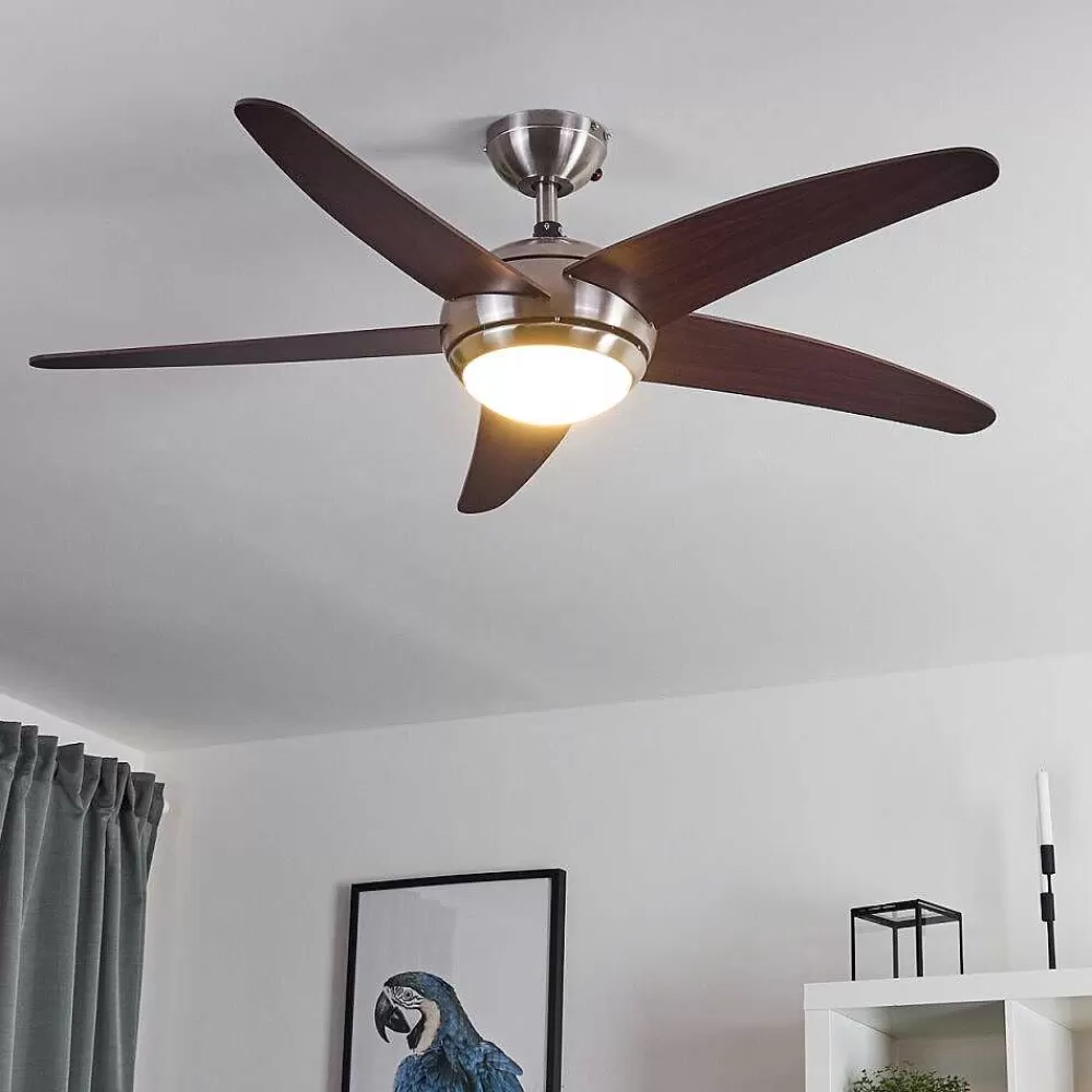 hofstein Ventilateur De Plafond Imon Bois Fonce, Nickel Mat, 1 Lumiere, Telecommandes