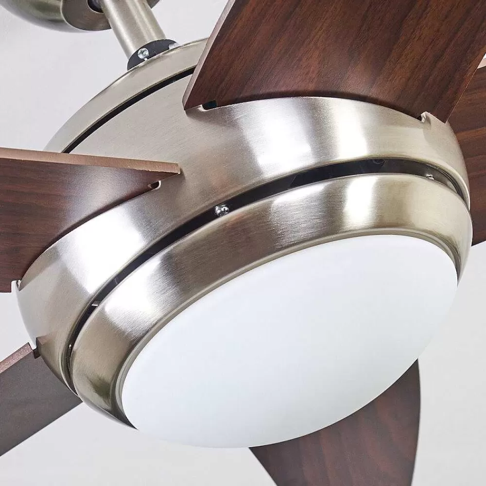 hofstein Ventilateur De Plafond Imon Bois Fonce, Nickel Mat, 1 Lumiere, Telecommandes