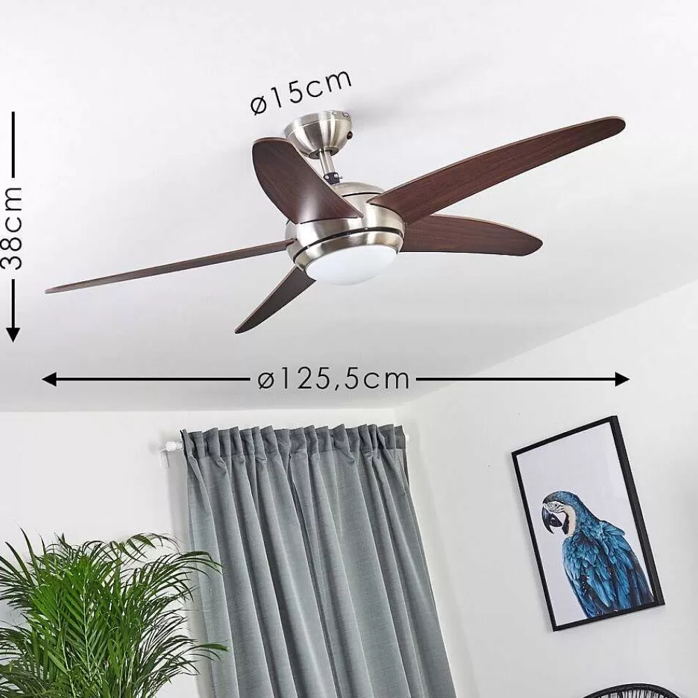 hofstein Ventilateur De Plafond Imon Bois Fonce, Nickel Mat, 1 Lumiere, Telecommandes