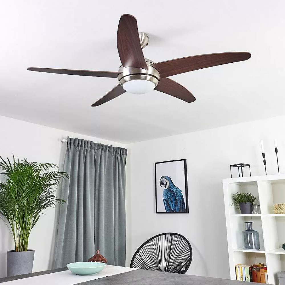 hofstein Ventilateur De Plafond Imon Bois Fonce, Nickel Mat, 1 Lumiere, Telecommandes