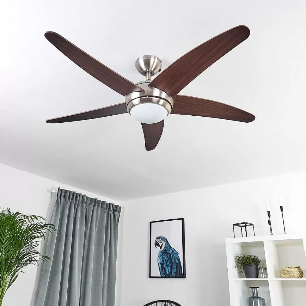 hofstein Ventilateur De Plafond Imon Bois Fonce, Nickel Mat, 1 Lumiere, Telecommandes