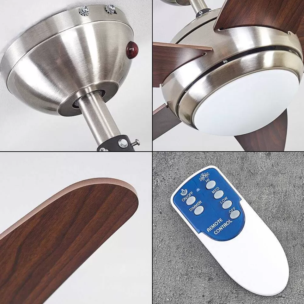 hofstein Ventilateur De Plafond Imon Bois Fonce, Nickel Mat, 1 Lumiere, Telecommandes
