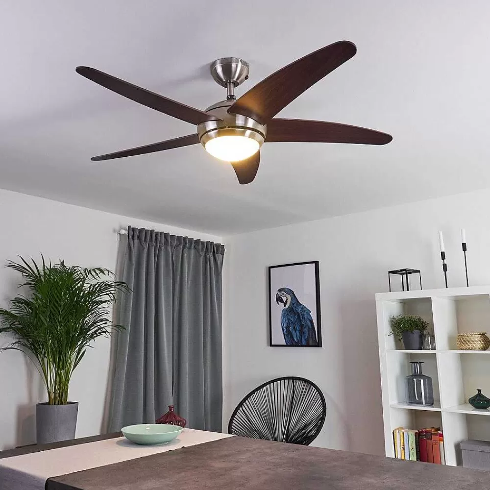 hofstein Ventilateur De Plafond Imon Bois Fonce, Nickel Mat, 1 Lumiere, Telecommandes