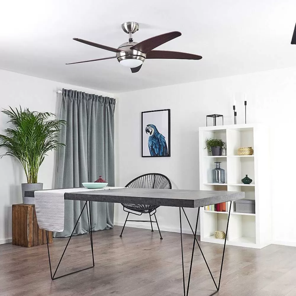 hofstein Ventilateur De Plafond Imon Bois Fonce, Nickel Mat, 1 Lumiere, Telecommandes