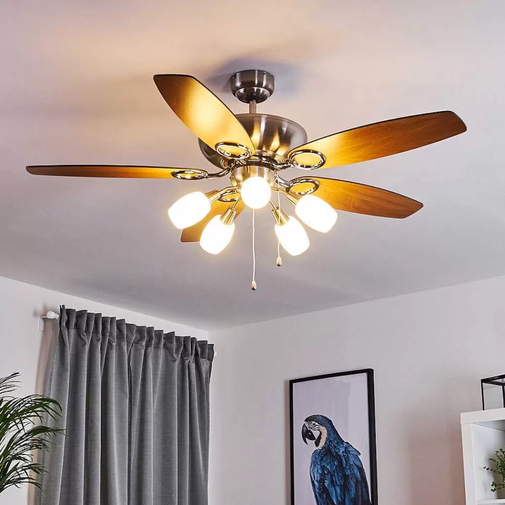 hofstein Ventilateur De Plafond Irving Chrome, Gris, Bois Clair, 5 Lumieres