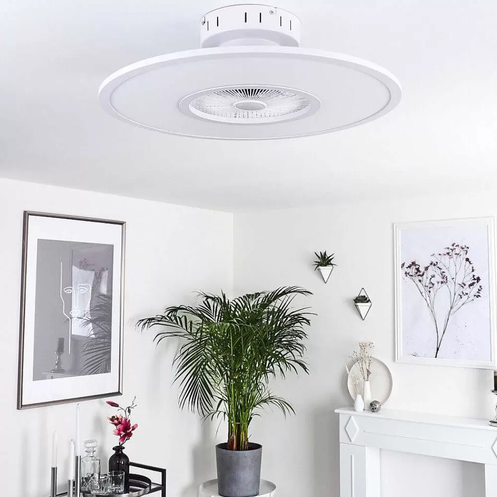 hofstein Ventilateur De Plafond Marmorta Led Blanc, 1 Lumiere, Telecommandes
