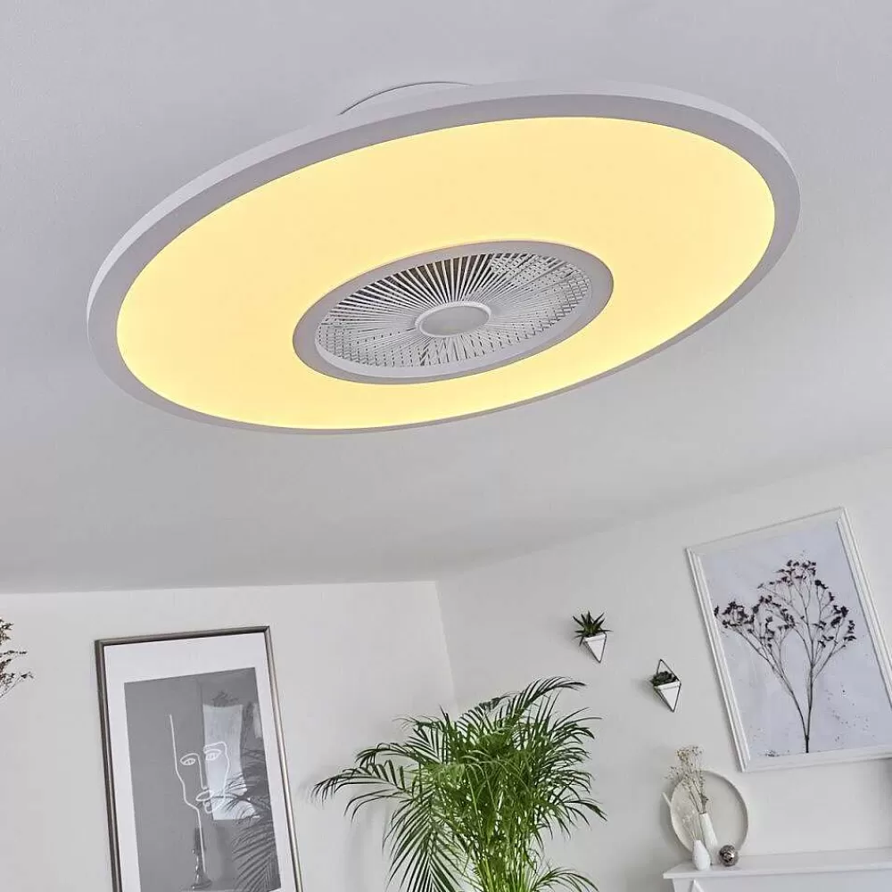 hofstein Ventilateur De Plafond Marmorta Led Blanc, 1 Lumiere, Telecommandes