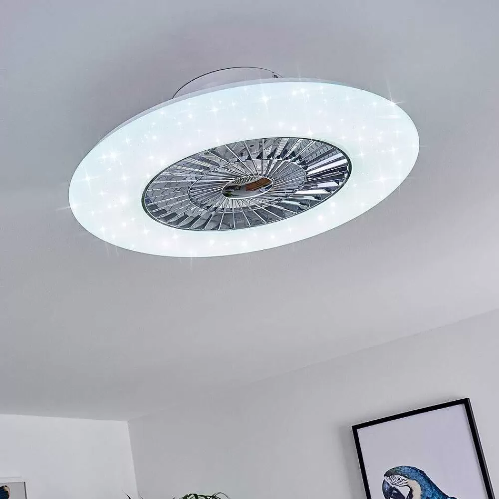 hofstein Ventilateur De Plafond Petrovac Led Chrome, Blanc, 1 Lumiere, Telecommandes