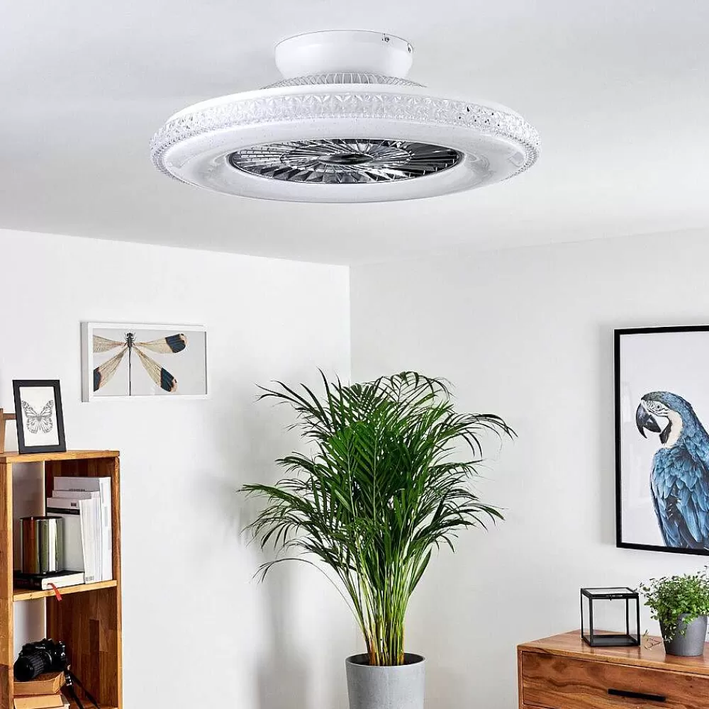 hofstein Ventilateur De Plafond Piacenza Led Chrome, Blanc, 1 Lumiere, Telecommandes