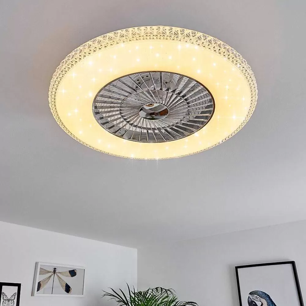 hofstein Ventilateur De Plafond Piacenza Led Chrome, Blanc, 1 Lumiere, Telecommandes