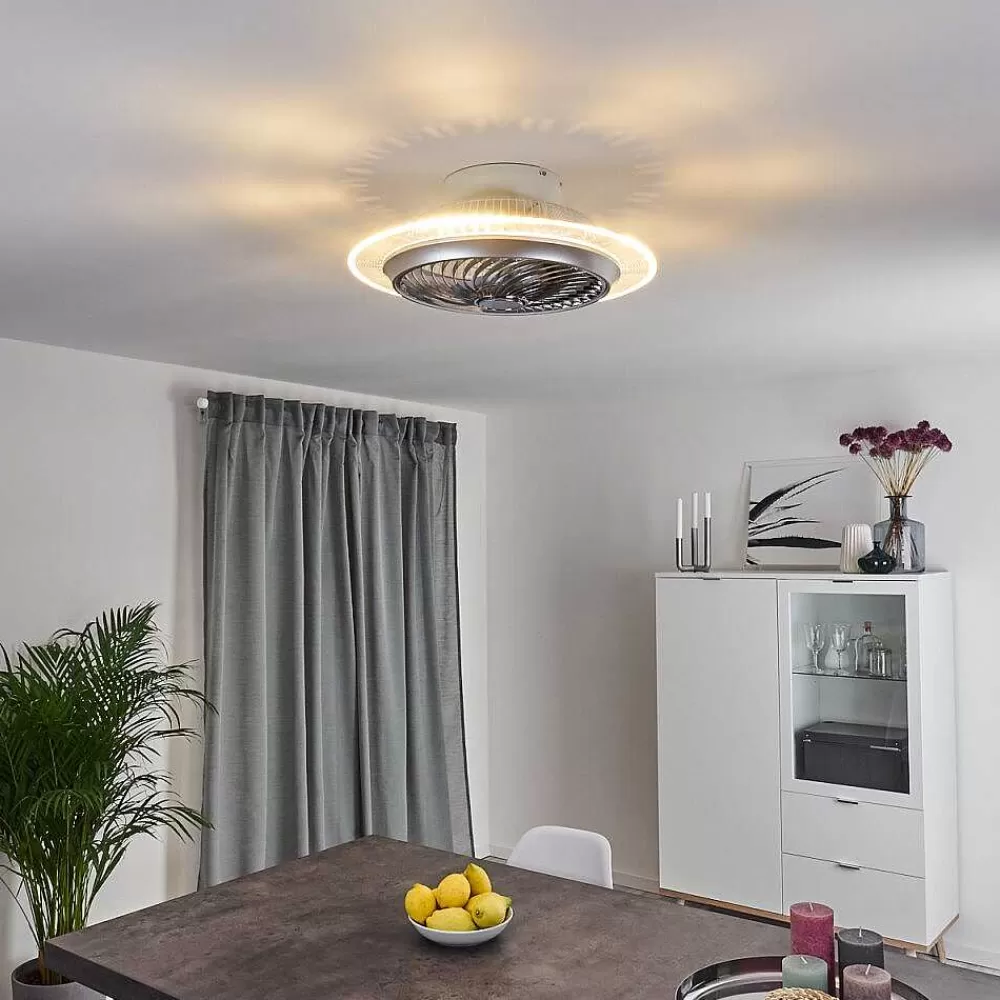 hofstein Ventilateur De Plafond Tamworth Led Argente, Transparent, 1 Lumiere, Telecommandes