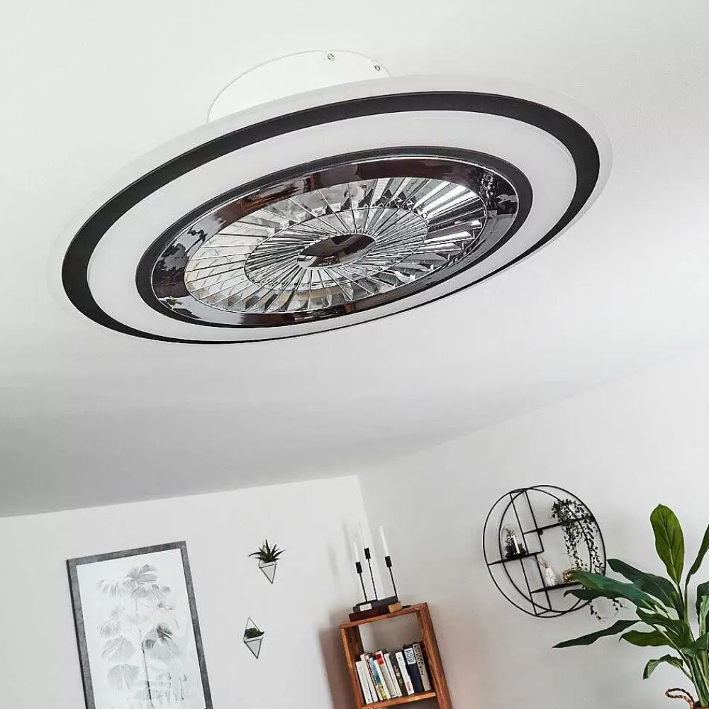 hofstein Ventilateur De Plafond Terradura Led Chrome, Noir, Blanc, 1 Lumiere, Telecommandes